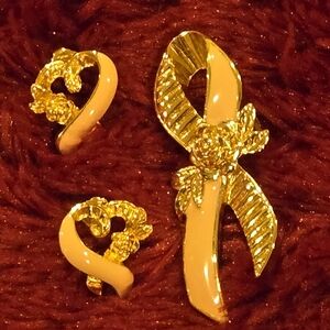 🎀💗 Vintage Avon Breast Cancer Awareness Jewelry Set – Brooch & Earrings with R